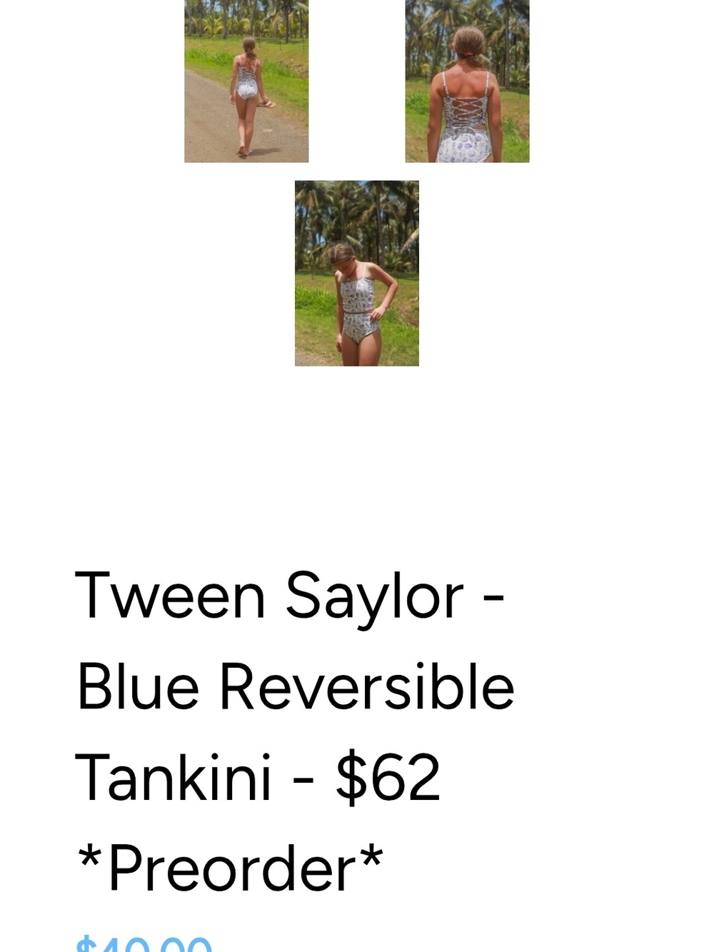 Tween Saylor Blue Reversible Tankini Sea Shell Print